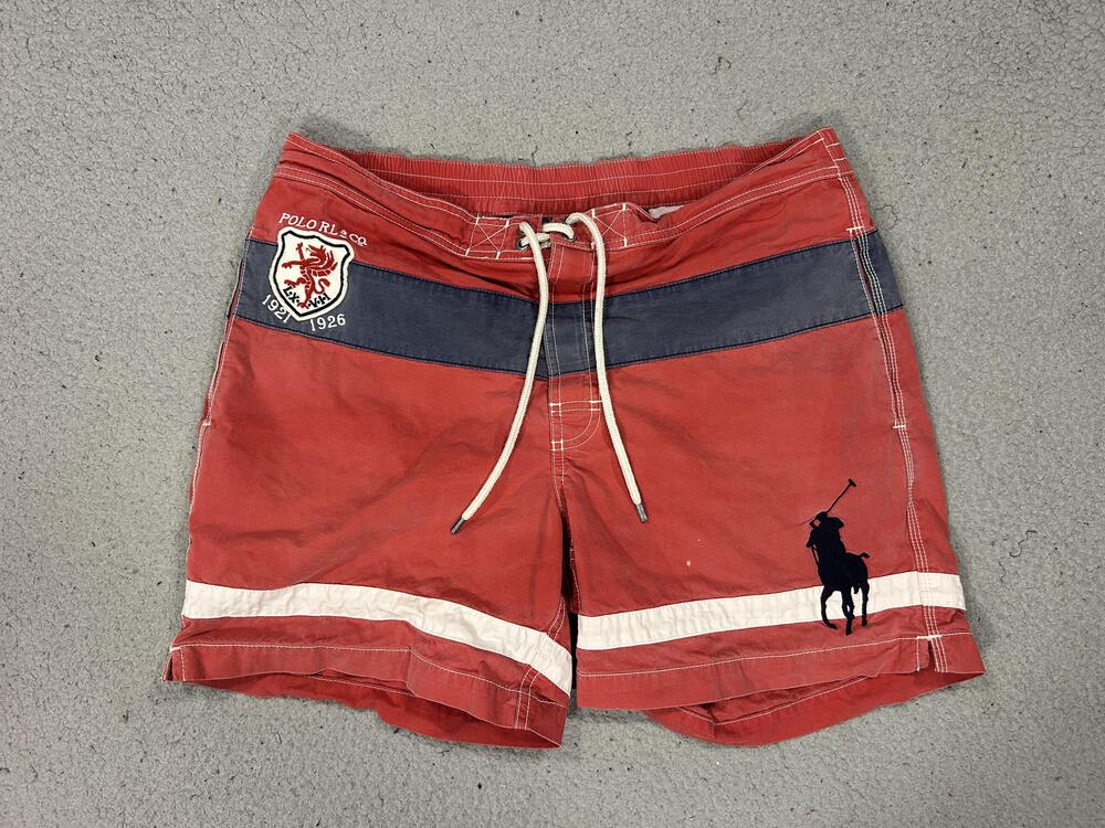 Polo By Ralph Lauren Swim Trunks Mens Medium Red Striped Crest Big Pony Logo